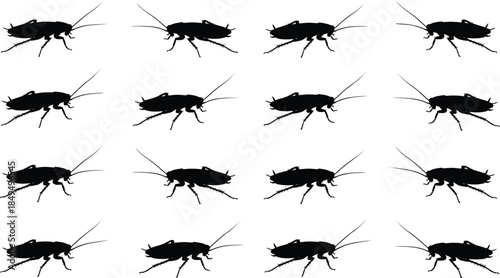 Cockroach silhouette icon set illustration, insect pest collection in multiple poses, infestation concept, minimalist black bug symbols