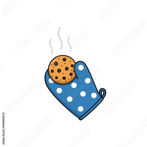 Oven mitt holding chocolate chip cookie.