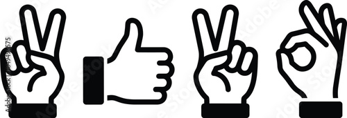Hand gesture icon set illustration, peace sign thumbs up ok symbol collection, approval communication concept, minimalist black pictogram