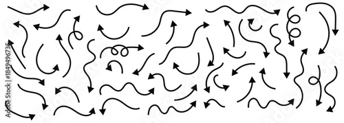 Collection of simple hand-drawn curve thin line arrows in different styles. Black doodle arrow set for different direction. Doodle arrows isolated on a white background.