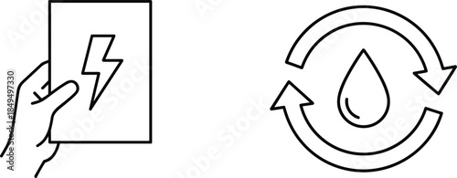 Conceptual outline icons showing a hand holding an energy lightning bolt card and a water droplet with circular arrows for resource conservation and recycling
