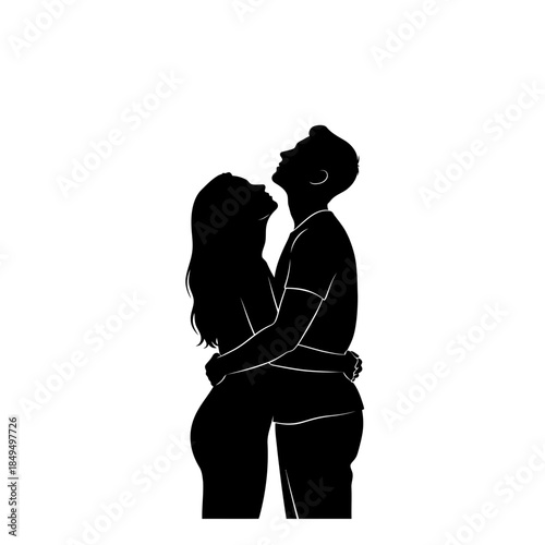 Couple hugging and looking up silhouette vector illustration
