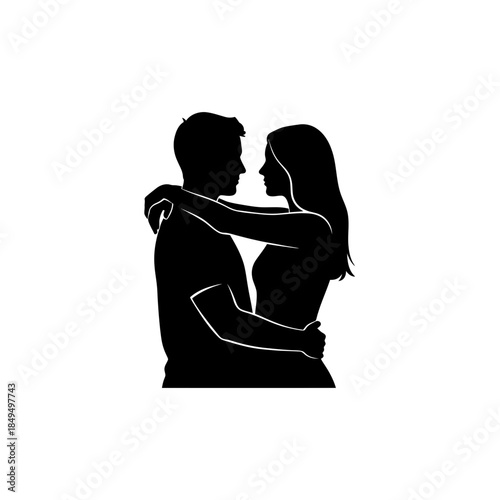 Couple hugging and looking at each other silhouette vector illustration