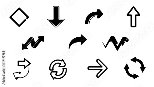 Collection of various arrow icons and shapes in black and white, illustrating different directions and movements in a simple graphic design.