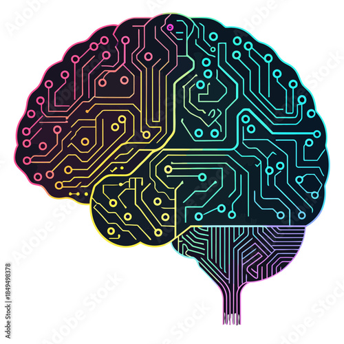 A colorful illustration of a brain made of electronic circuit boards