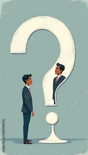 Editorial illustration of a professional person seeing a distorted reflection of themselves in a mirror shaped like a question mark, impostor syndrome and self doubt concept, modern flat style