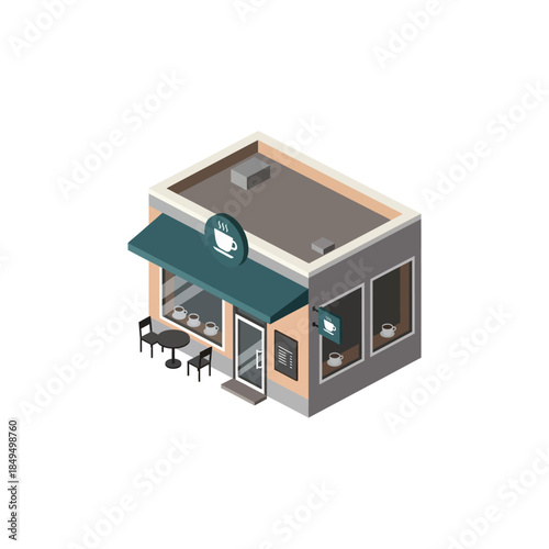 Isometric vector illustration of a modern coffee shop building with outdoor seating and a prominent coffee cup sign.