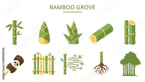 A collection of ten flat vector icons illustrating various aspects of bamboo