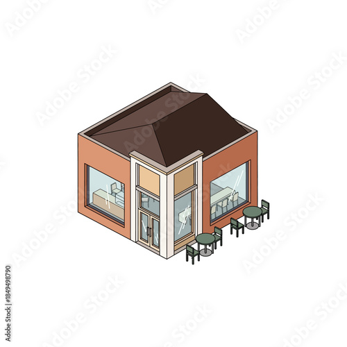 Isometric illustration of a small modern commercial building with outdoor seating, large windows, and a prominent glass entrance.