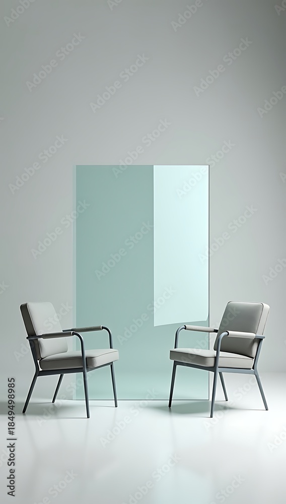 Fototapeta premium Minimal conceptual still life of a transparent glass wall placed between two identical chairs, emotional boundaries and healthy distance concept, clean neutral background, soft studio lighting