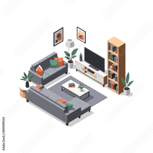 Isometric modern living room interior design featuring a grey sectional sofa, coffee table, television, bookshelf, and decorative plants.