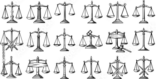 Vintage Scale of Justice Illustrations - Symbols of Law, Fairness, and Equality