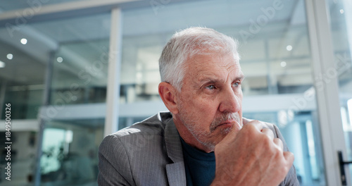Obraz na płótnie Thinking, doubt and mature businessman in office for decision, reflection or memory in finance career