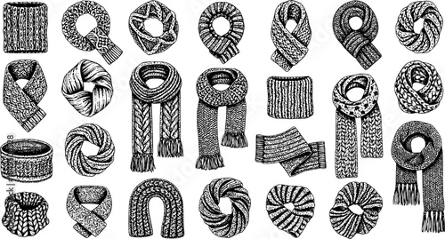 Fashion Industry Black and White Line Art Vector Set of Knitted Scarves, Snoods, and Winter Apparel Accessories in Hand-drawn Sketch Style