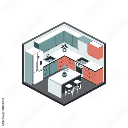 Isometric illustration depicting a contemporary kitchen interior featuring teal upper cabinets, coral lower cabinets, a refrigerator, a sink, an oven, and a ...