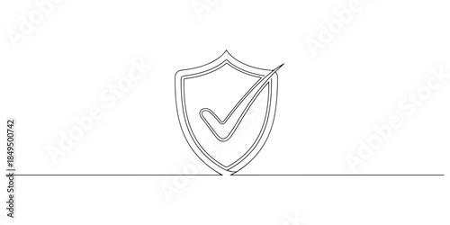 Continuous one line of a security shield with check mark, representing reliable security service, hand drawn vector illustration.
