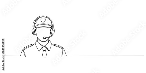 Continuous one line of a security guard with headset, representing professional security monitoring service, hand drawn vector illustration.