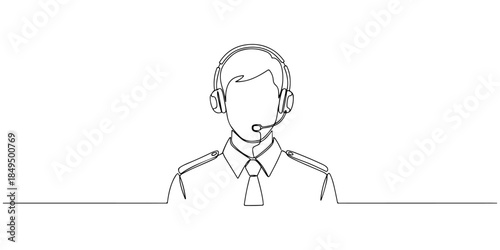 Continuous one line of a security guard with headset, representing professional security monitoring service, hand drawn vector illustration.
