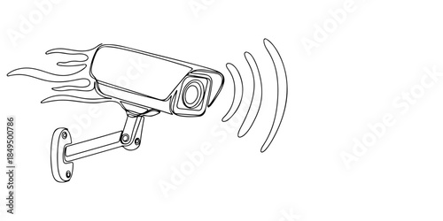 Continuous one line of a CCTV camera with motion lines, representing active security surveillance service, hand drawn vector illustration.