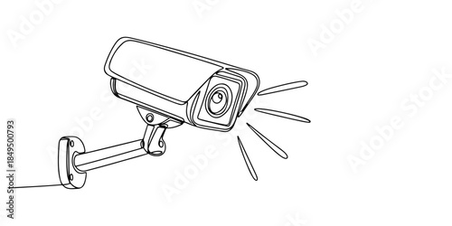 Continuous one line of a CCTV camera with motion lines, representing active security surveillance service, hand drawn vector illustration.