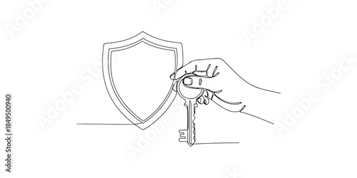 Continuous one line of a hand holding a shield and key, representing secure access control service, hand drawn vector illustration.