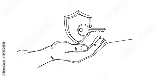 Continuous one line of a hand holding a shield and key, representing secure access control service, hand drawn vector illustration.