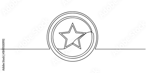 Continuous one line of a security badge with star icon, representing trusted security certification service, hand drawn vector illustration.