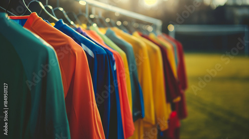 Colorful soccer jerseys on hangers at field during sunset