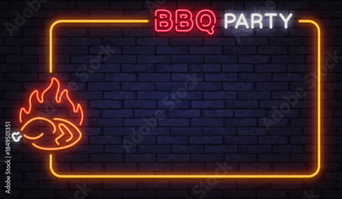 Vibrant neon vector frame with BBQ party lettering and roasted meat symbol. Designed for festive invites, food posters, and backyard grill celebrations.