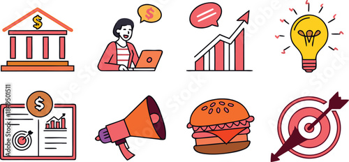 Vector illustration of a set of cartoon design icons featuring a boy, a kid, people, food like a hamburger burger, a ball, and art drawing for fun