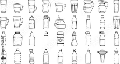 Hand-Drawn Collection of Various Bottles, Jars, and Glasses for Beverages