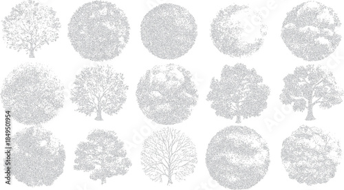 Fifteen diverse grey trees rendered in a stippled outline style on a white background showcasing varied foliage density and branch structures