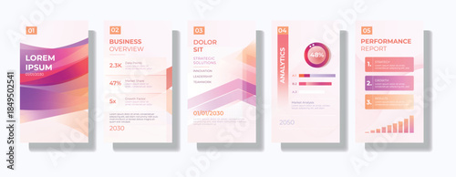 Business overview and analytics presentation layout set featuring performance charts, data summaries and clean infographic design created for reports, dashboards and corporate communication