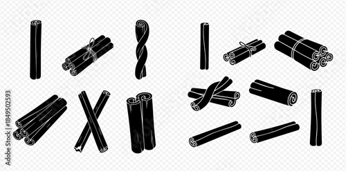 Set of black and white illustrations showing various forms of cinnamon sticks and bundles.