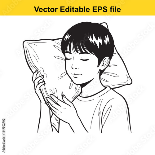  a black and white line drawing of a child peacefully sleeping with a pillow