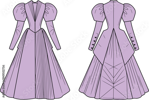 Light purple historical dress front and back view, puff sleeves, V-neckline, pleated skirt, button detail, fashion illustration, garment sketch, clothing design vector