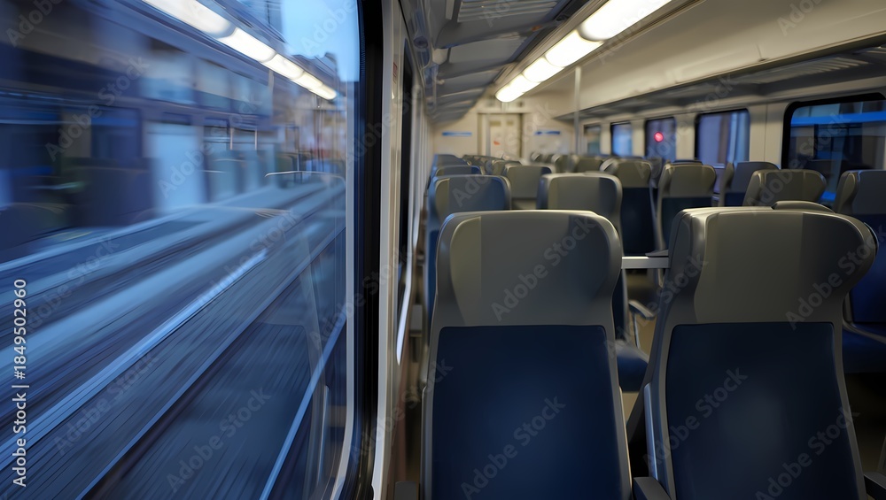 Fototapeta premium Empty Modern Commuter Train Interior at Dawn with Cityscape View