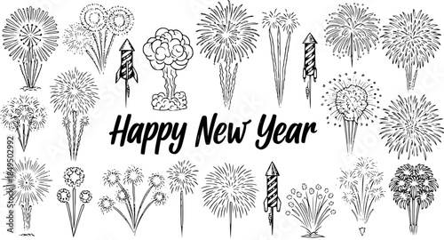 Happy New Year Festive Fireworks and Rocket Illustrations, Black and White Hand-Drawn Style
