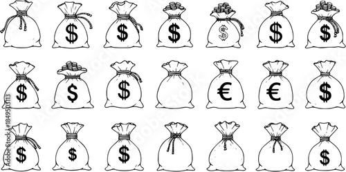 Black and White Line Art Hand-Drawn Money Bags Collection with Dollar and Euro Symbols for Finance, Business, and Economy Concepts.