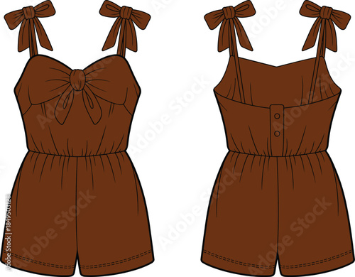 Brown romper front and back view, bow-tied straps, sweetheart neckline, knot detail, elastic waistband, button back, fashion illustration, garment sketch, clothing design vector