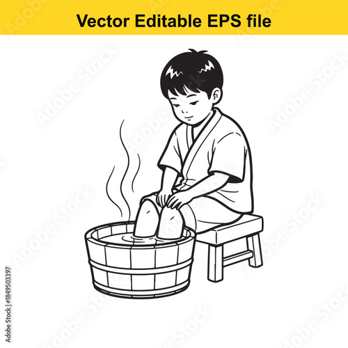  a young boy in a robe sitting on a stool washing his feet in a wooden bucket with steam rising