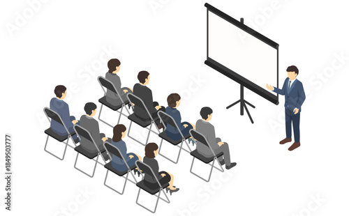 アイソメトリックイラスト：プロジェクターを使って説明するスーツ男性とそれを聞く人