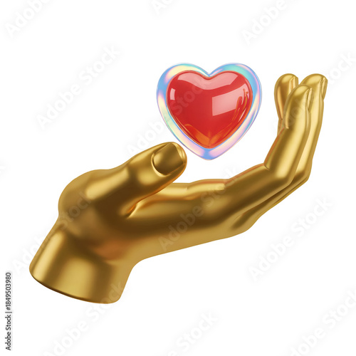 Golden Hand Holding Red Heart Icon 3D Illustration Symbolizing Love and Charity Isolated on Transparent Background