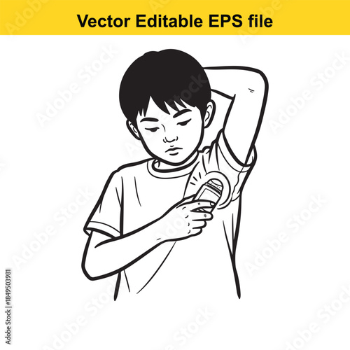  vector illustration of a boy applying deodorant stick to his armpit