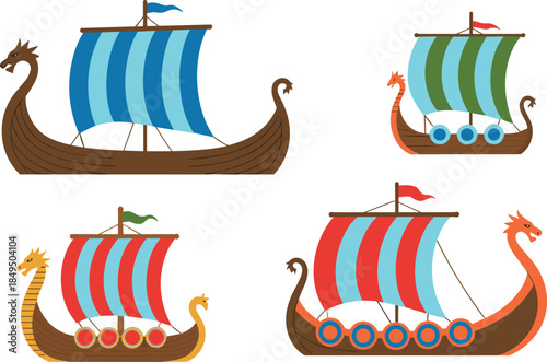 Cartoon Viking ship illustrations, dragon figurehead sailboats, Norse maritime vector set, colorful historical boat icons,
