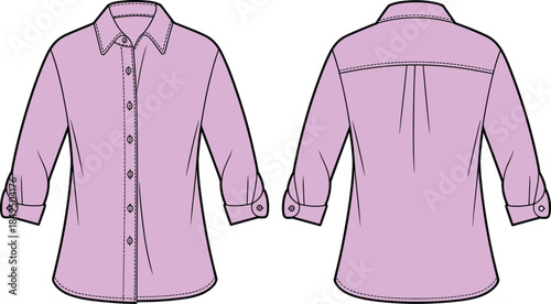 Pink button-up shirt front and back view, collared neckline, three-quarter sleeves, pleated back yoke, tailored fit, fashion illustration, garment sketch, clothing design vector