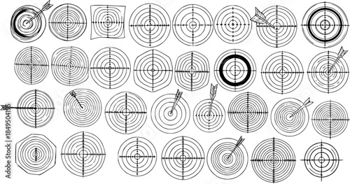 Collection of Hand-Drawn Target Illustrations with Arrows, Variations in Shape and Design
