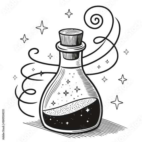 A mysterious potion bottle with swirling smoke on a dark background