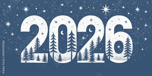 New Year 2026 winter wonderland scene with trees and stars