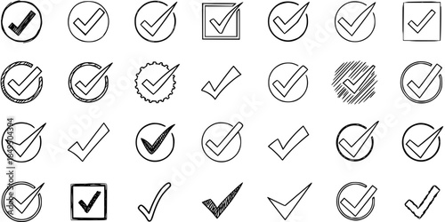 Collection of Hand-Drawn Checkmark Icons in Various Styles and Formats on White Background